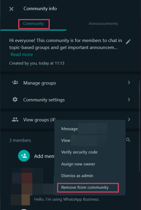 Removing group from Community on WhatsApp Web.