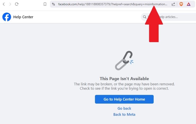 Facebook help center page about fake news.