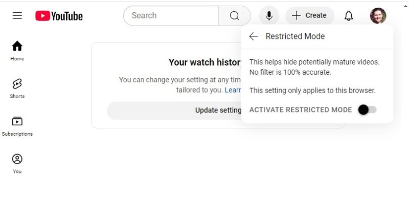 Setting up restricted mode on YouTube.