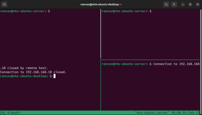 A terminal showing the a Tmux session abruptly disconnected.