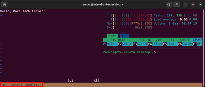 A terminal showing the restore process in tmux-resurrect that includes recovering the program state.