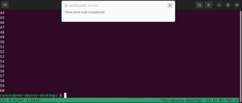 A terminal showing the libnotify toast notification for the running Tmux task.