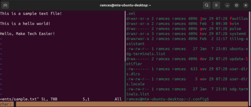 A terminal showing the keyword hints working in a multi-pane Tmux setup.