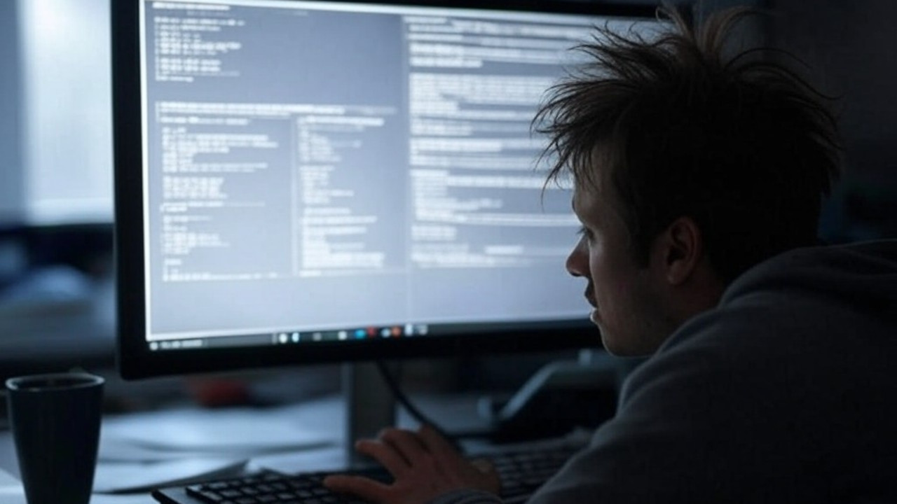 A picture of a person frustrated in front of a computer.