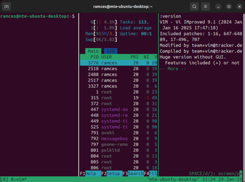 A terminal showing three vertical panes in Tmux.