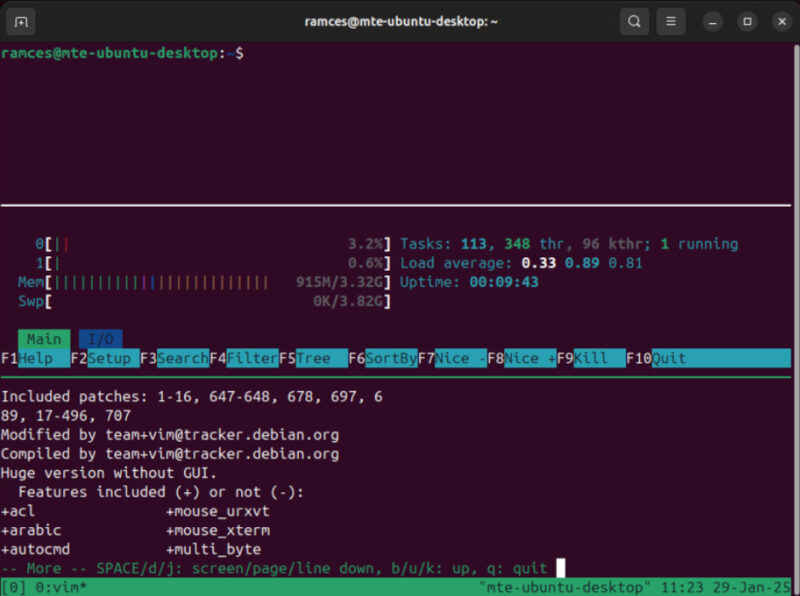 A terminal showing a horizontally spaced panes in Tmux.