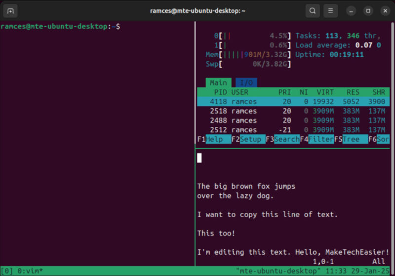 A terminal showing the default pane sizes in an Alt + 4 Tmux layout.