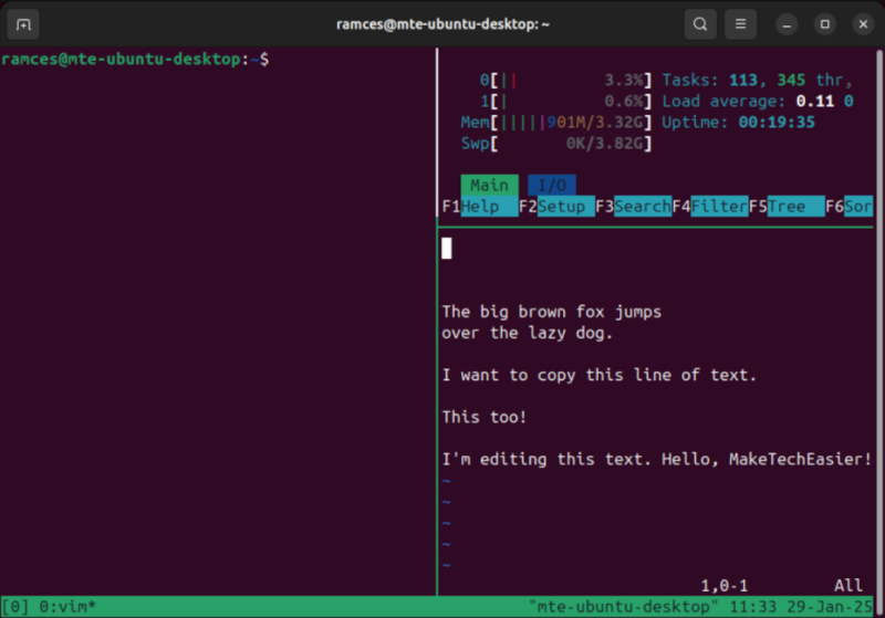 A terminal showing the adjust pane sizes in Tmux.