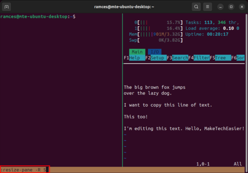 A terminal highlighting the resize-pane command in the Tmux buffer.