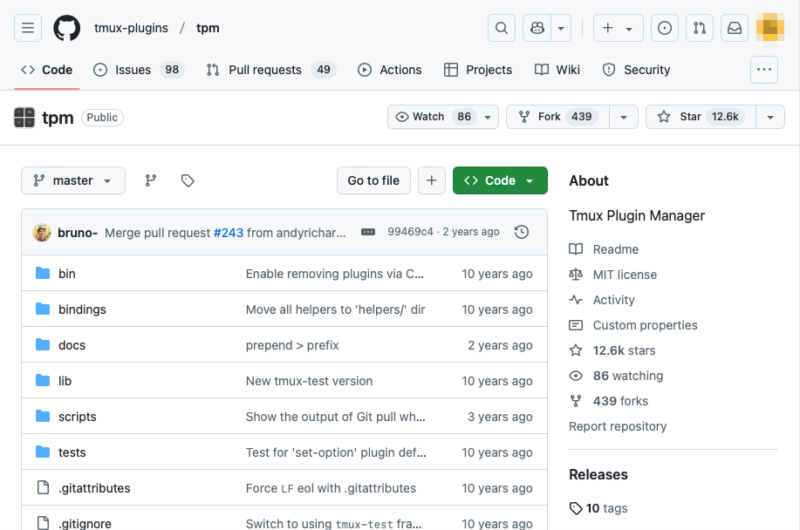 A screenshot showing the Github page for the Tmux Plugin Manager.