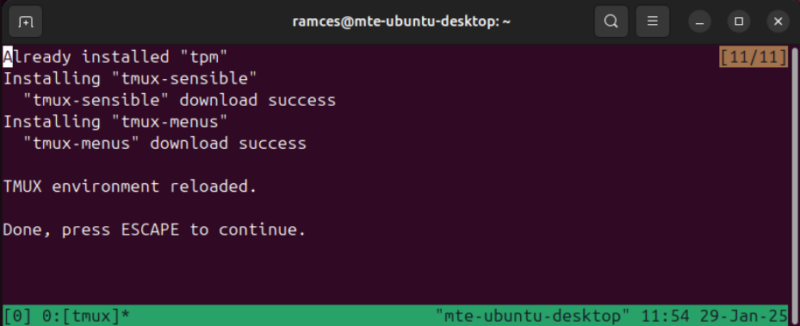 A terminal showing TPM installing the plugins on my Tmux instance.