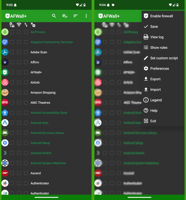 Screenshots from AFWall+ Android App