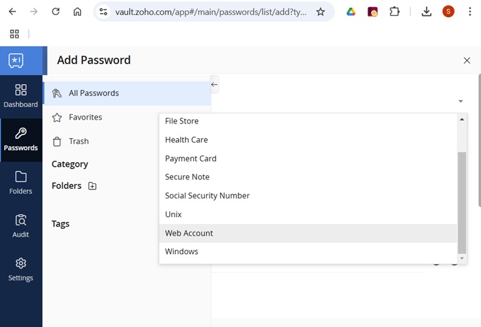 Adding a new password to Zoho Vault, an Identity and access management (IAM) solution.