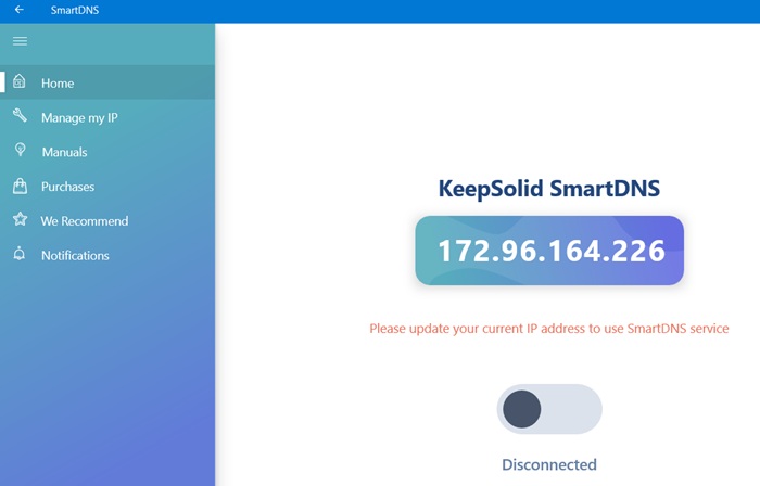 SmartDNS by KeepSolid, a smart DNS solution. Turn the toggle on to get a new smart DNS.