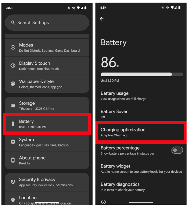 Going into Charging Optimization Menu From Battery Settings