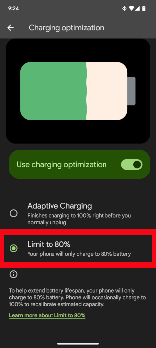 Turning on Limit Battery to 80 percent on Android