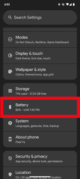 Android Battery Menu