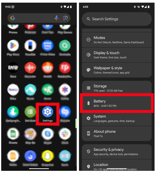 Entering Android Settings for Battery Settings