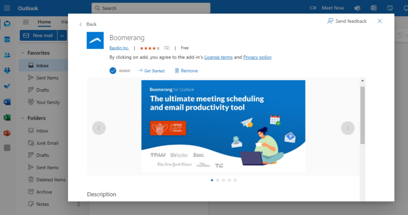 The image shows the process of adding Boomerang add-in to Microsoft Outlook.