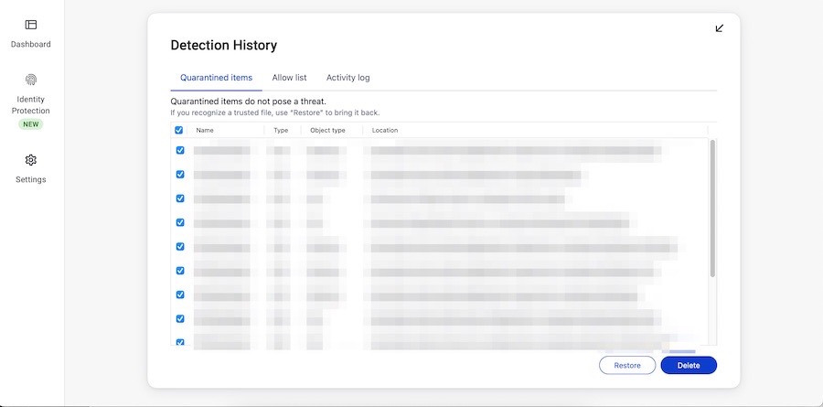 Delete quarantined items in an antivirus tool