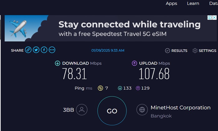 Using Speedtest to determine network connection speeds.