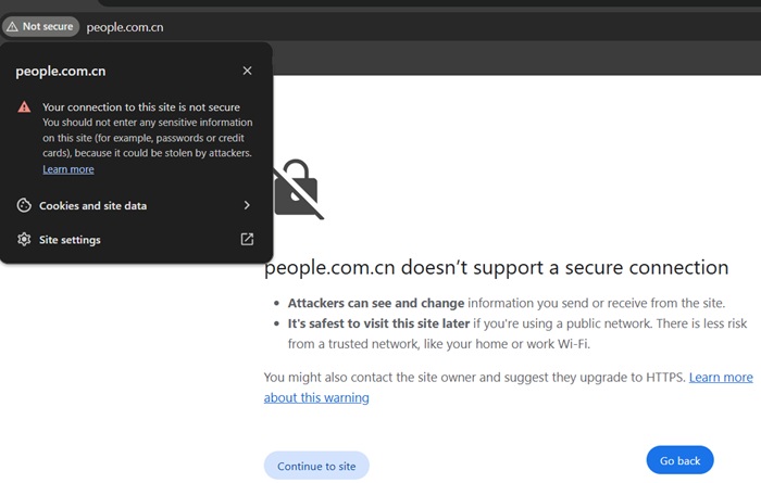Chrome browser issuing a warning while visiting an unsecured HTTP website.