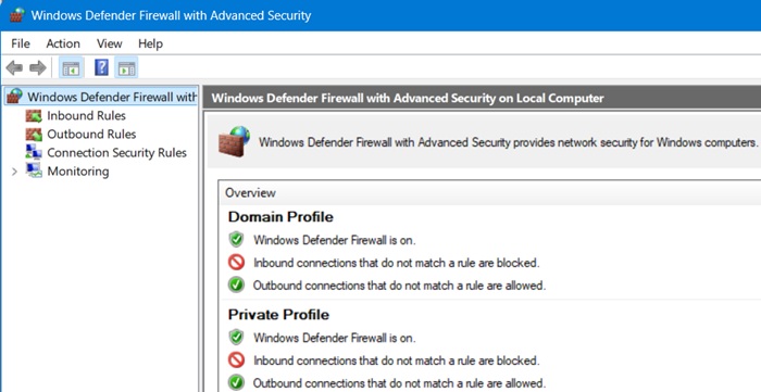 Microsoft Defender firewall turned on with security enabled features.
