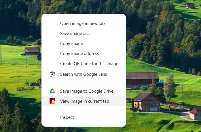 Right-click to view an image in current tab with Enhanced Image Viewer, the new default for Chrome.