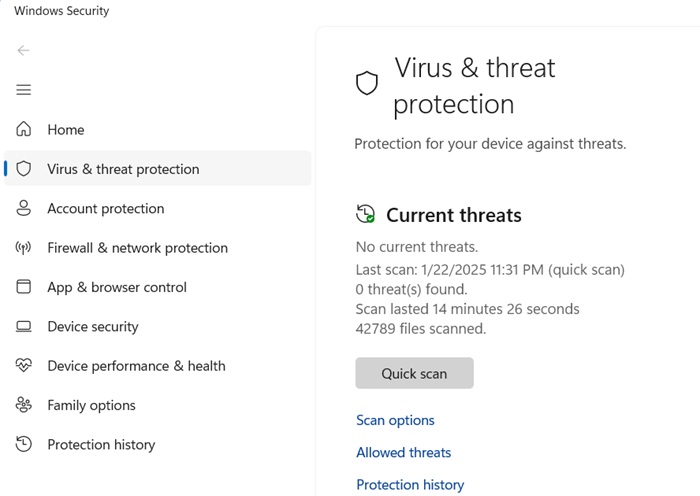 A basic example of an antivirus solution, Microsoft Defender Antivirus, as part of Windows Security.