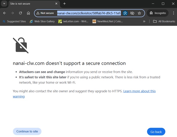 "Not secure" warning message on a Google Chrome browser delivered by Windows Defender firewall.