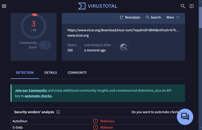 VirusTotal, an online antivirus scanning website investigating ,malicious viruses in a URL.