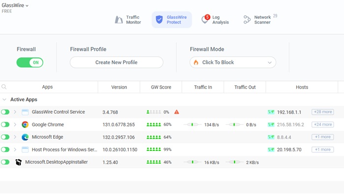 GlassWire's free firewall app showing active applications and other features.