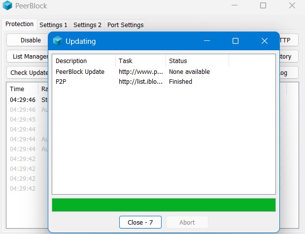 PeerBlock updating a list of IP addresses.