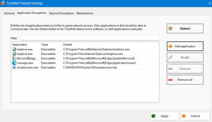 Application exceptions for TinyWall including Edge browser and IE explorer.