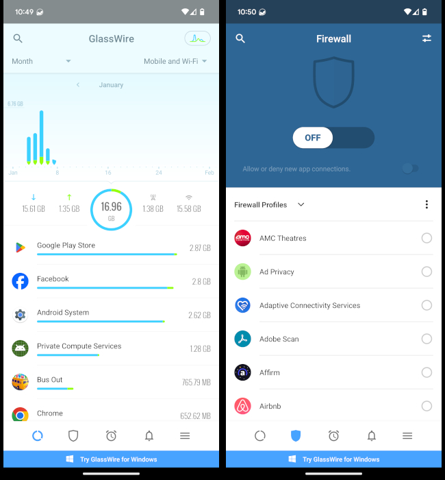 Preview of Glasswire Firewall App For Android