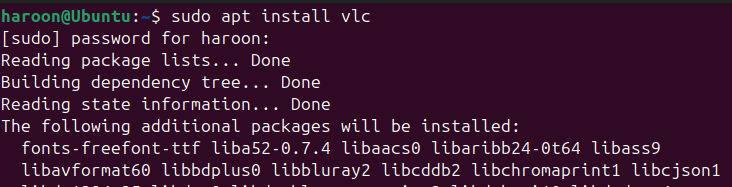 Installing VLC media player In Ubuntu Terminal.