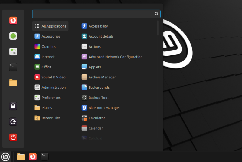 Showing Linuxmint Desktop Interface start menu and its apps