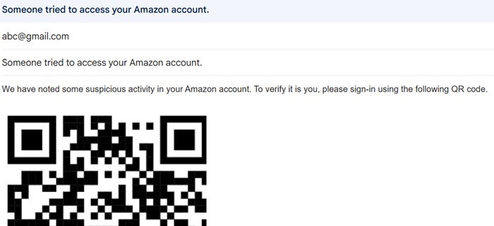 Plain text QR code phishing inserted in an email leading to a fake Amazon account.