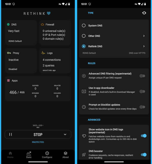 Settings and Menus Screenshots for Rethink Android Firewall App