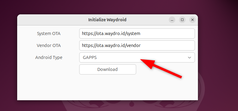 Selecting Gapps Android Type in Waydroid initialize setup wizard.