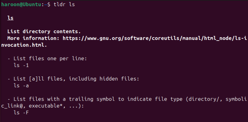 Showing Concise Explanation of the ls command With Tldr.