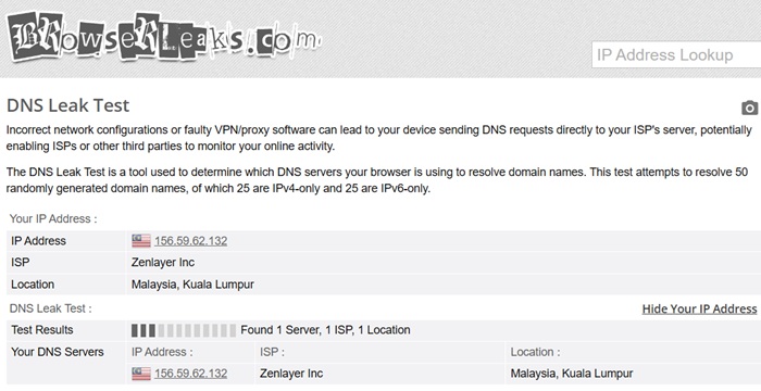 DNS leak test executed using BrowserLeaks security tools.