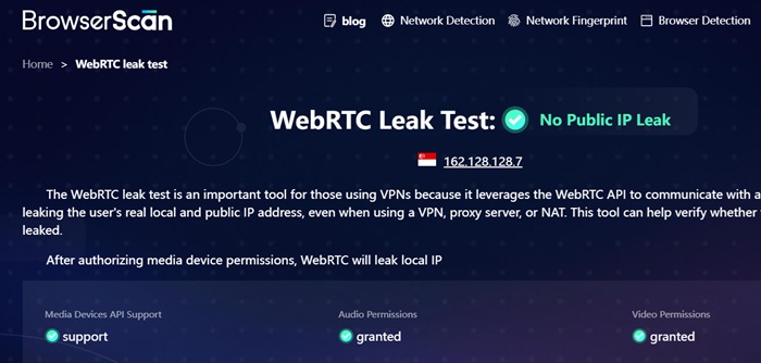WebRTC leaks tested on BrowserScan for a VPN displaying no public IP leak.