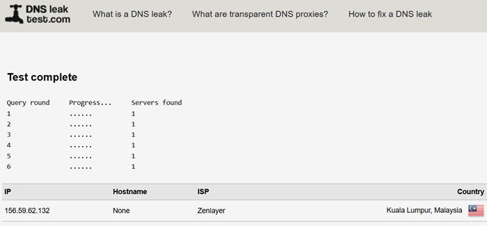 DNS leaks test for a VPN checked using DNSLeaksTest.com