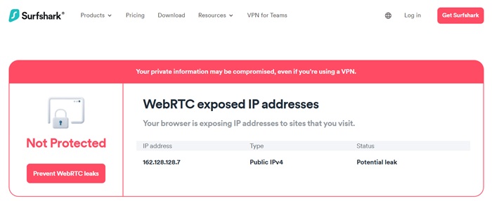 WebRTC exposed message on Surfshark while using an unrelated VPN service.