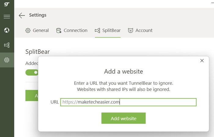 Enabling the split tunneling feature of TunnelBear to bypass a website.