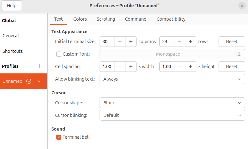 Ubuntu Terminal Preferences Window