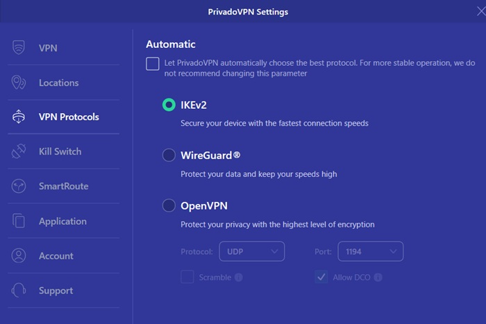 The various VPN protocols used by PrivadoVPN such as IKEv2, WireGuard, and OpenVPN.