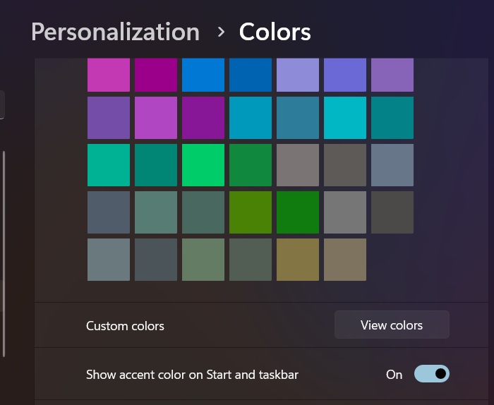 Changing accent color to be viewable on Start and taskbar.