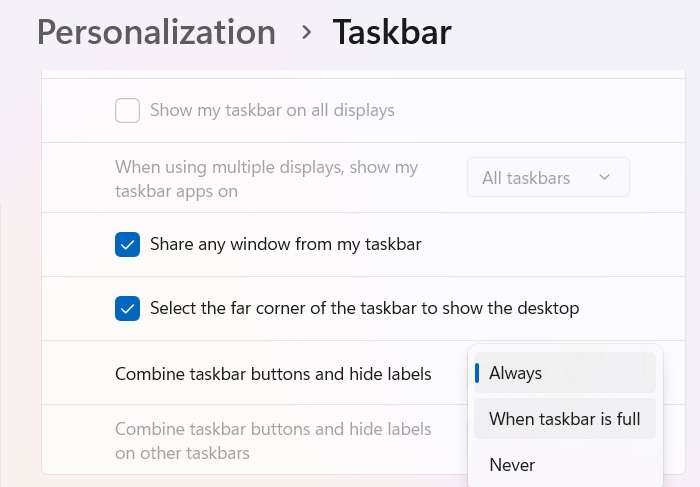 Windows taskbar customization by combining menu items.